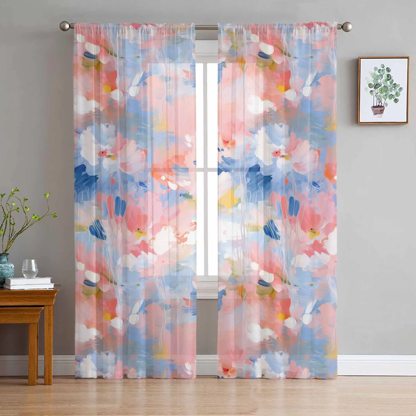 

Abstract Flower Oil Painting Art Blue And Pink Sheer Curtains for Living Room Home Decor Tulle Curtain Bedroom Voile Drapes