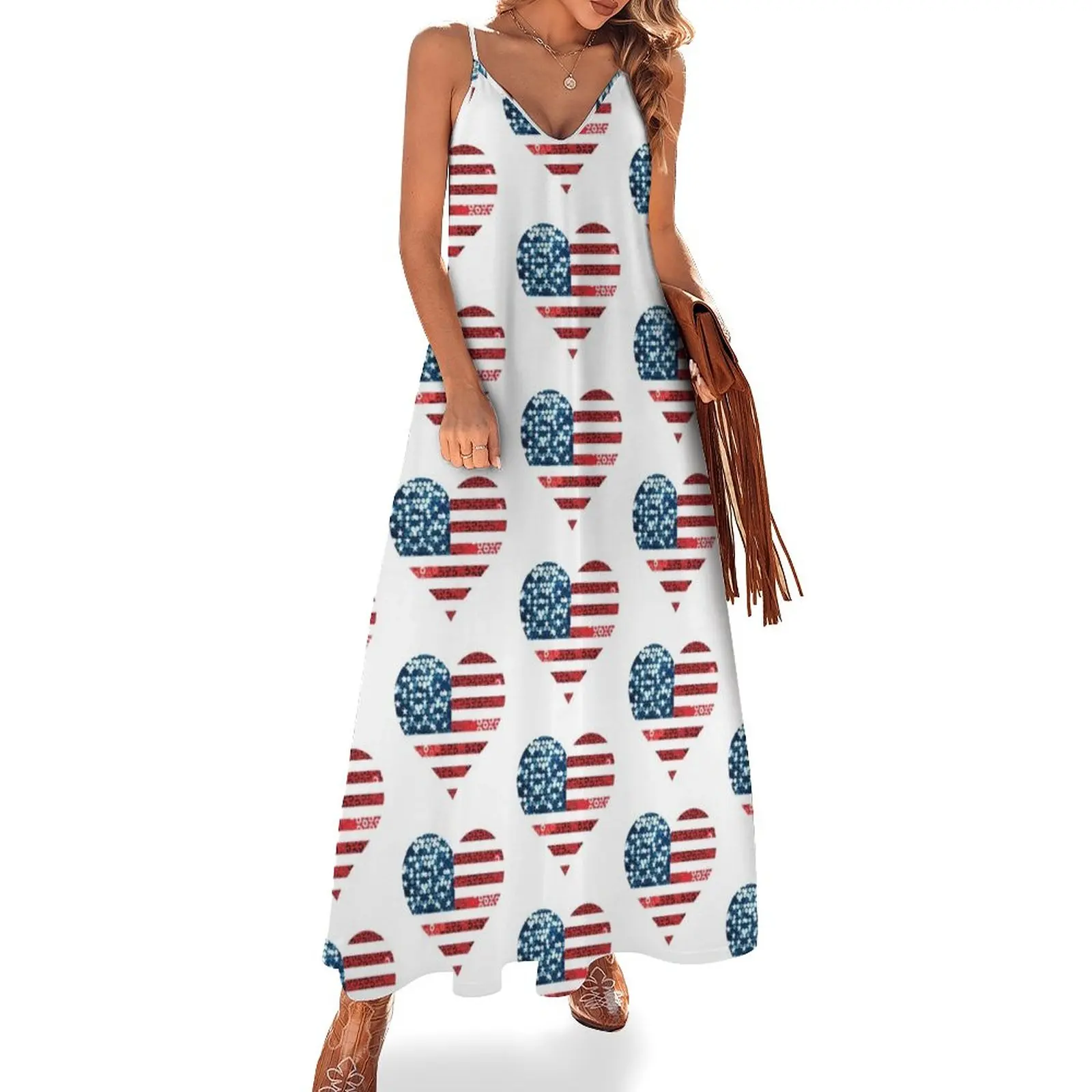 

usa flag heart sequin print Sleeveless Dress evening dress woman Women's summer dress dresses ladies 2023 summer