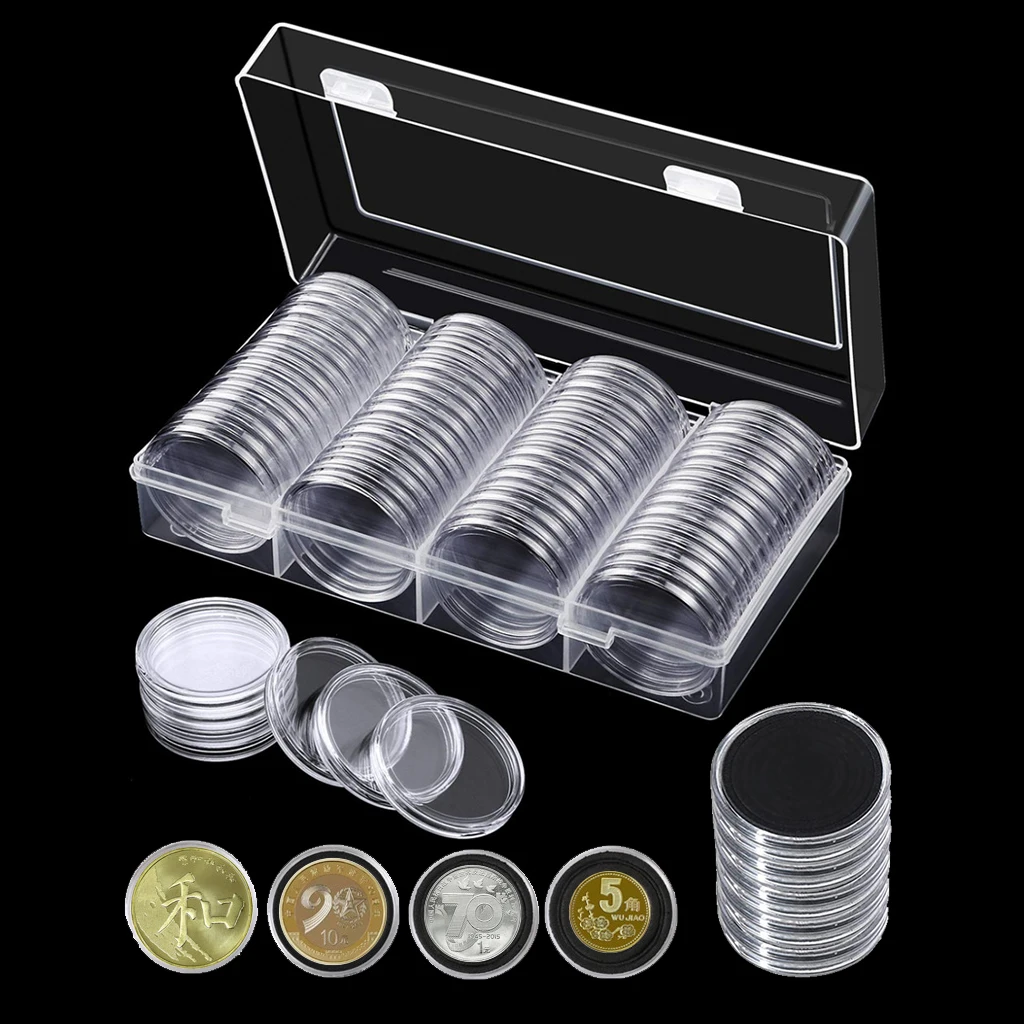 

60Pcs 41mm Coin Capsules with Black Gaskets and a Storage Organizer Box for 5 Sizes (21/26/31/36/41mm) Coins Collection Holder