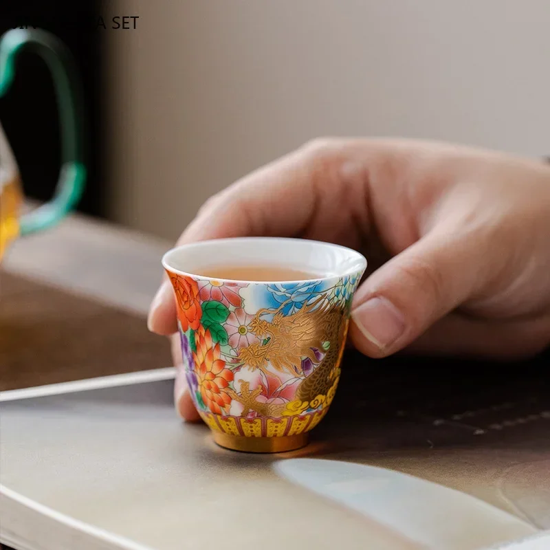 1PCS 50ml Ceramic Teacup Palace Dragon Phoenix Gilded Ceramic Teacup Portable Personal Single Cup Traditional Tea Set