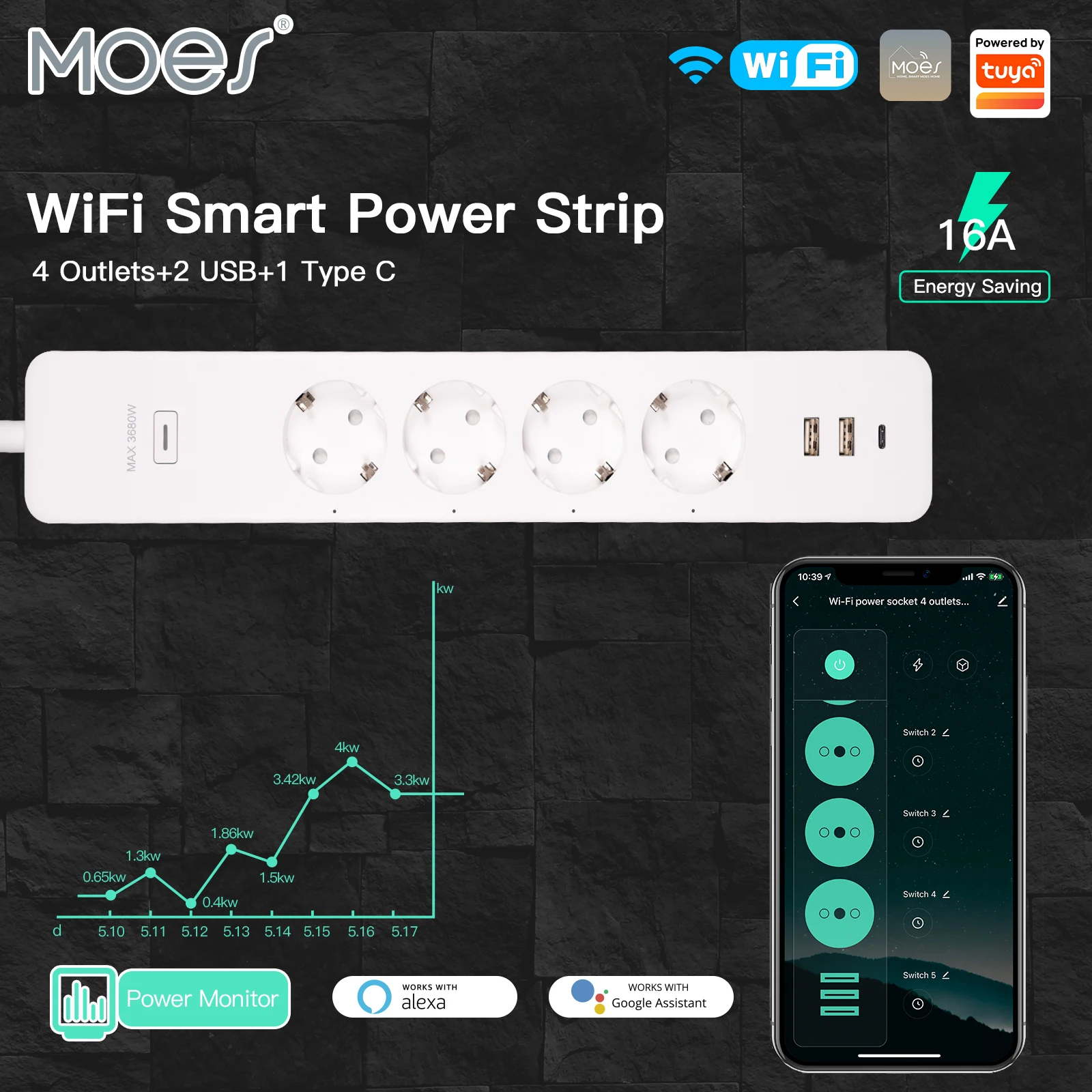 

Mose WiFi EU Tuya Smart Power Strip Surge Protector 4 Plug Power Monitor Socket with 2 USB Type C APP ControlVoice Control