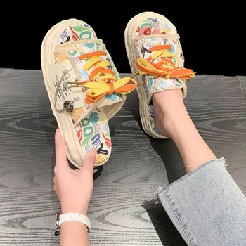 ⁦2023 Women Canvas Slippers Summer Denim Lace Up Flat Designer Slippers Outdoor Casual Shoes Ladies Platform Open Toe Sandals⁩ – תמונה ⁦5⁩