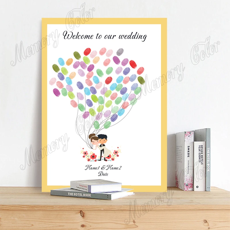 Name Date Cute Cartoon Characters Wedding Fingerprint Signature Guest Book Painting (No Frame,Ink Pad Included)