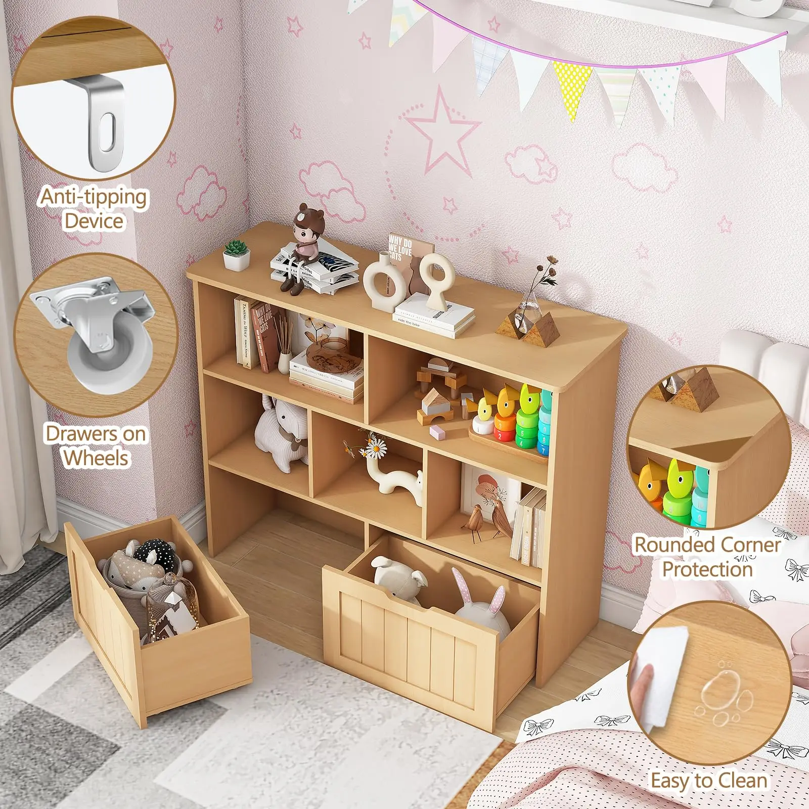 Vabches Kids Bookshelf Toy Storage Organizer Wooden Children's Bookcase with 2 Drawers on Wheels&5 Storage Cubbies for Playroom 6