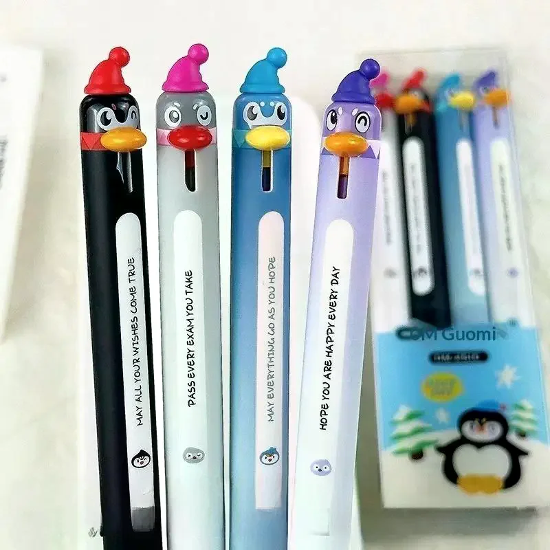 4Pcs 0.5mm 블랙 파인 포인트 개폐식 빠른 건조 부드러운 쓰기 펜 크리 에이 티브 펭귄 디자인 젤 펜 편지지