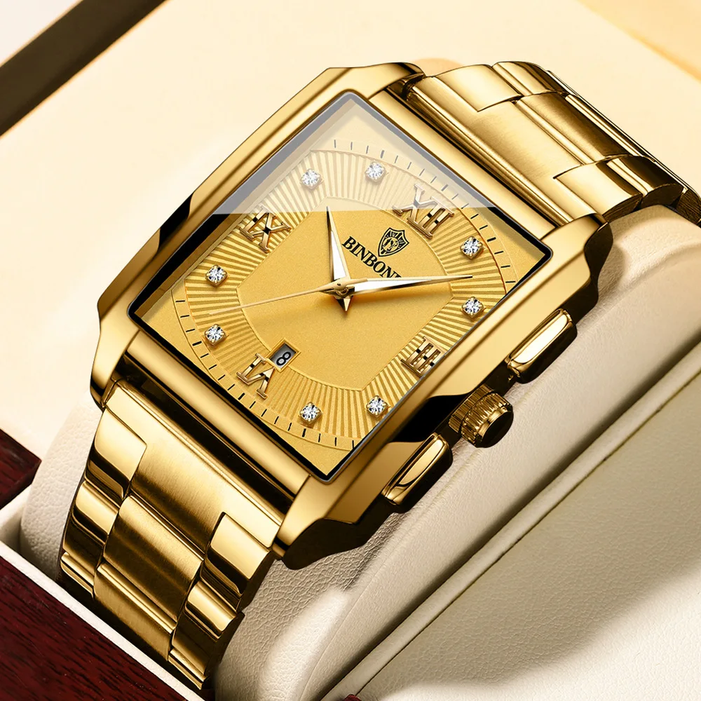 

BINBOND Luxury Gold Watch Men Square Japan Quartz stainless steel Waterproof Sports Automatic Date Wrist Watches Relogio Masculi