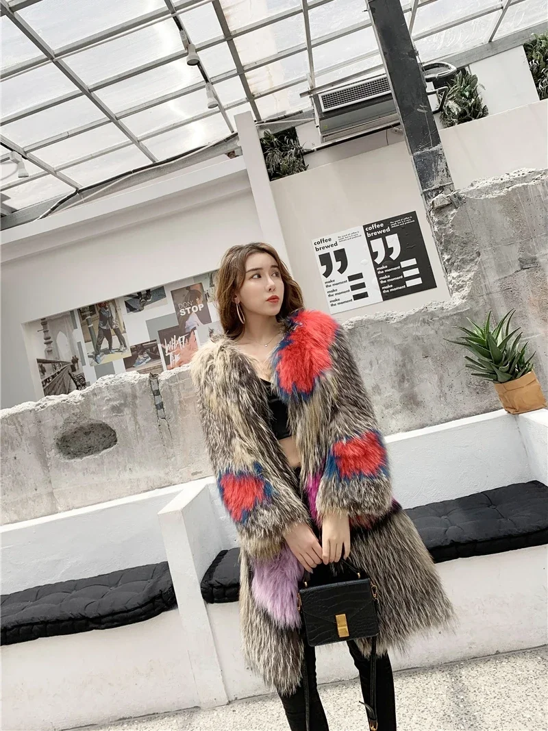 Imported Phnom Penh Fox Hair Woven Fur Coat Mid Length Full Sleeve Jackets Contrast Knitted Long Sleeve Casual Women's Clothing