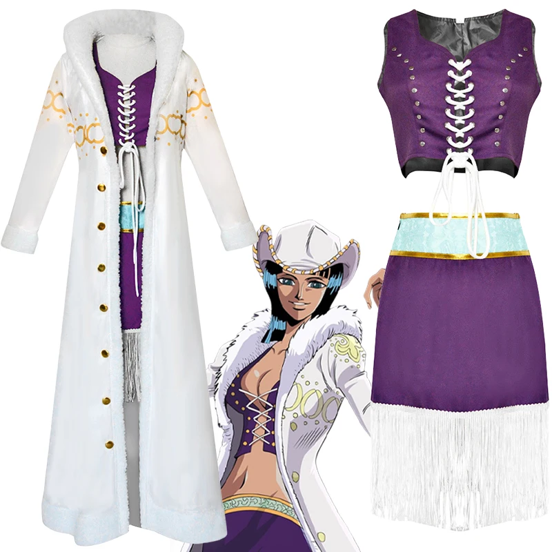 

Anime Nico Robin Cosplay Costume Fur Collar Overcoat Top Skirt Outfit Miss Allsunday Halloween Carnival Party Costumes for Women