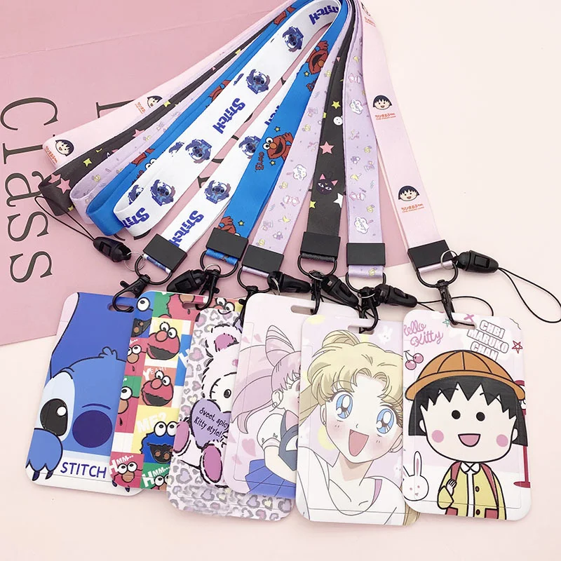 

1pc Anime Cartoon Girls Students Gift Bus Pass ID Card Protector with Lanyard Keychain Hanger Weave Rope Round Badges Key Holder
