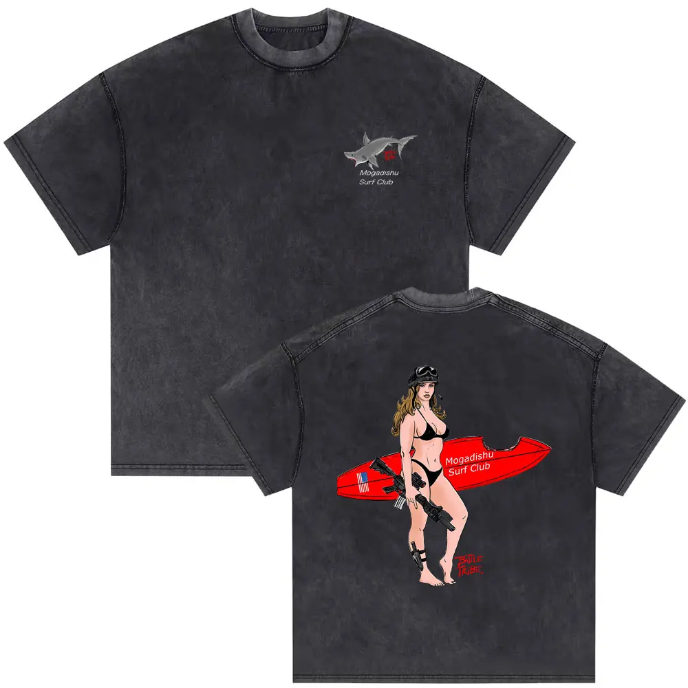 

Washed Vintage Forward Observations Group Mogadishu Surf Club T-shirts Shark Bikini Beauty Graphic Tshirt Male Oversized T Shirt