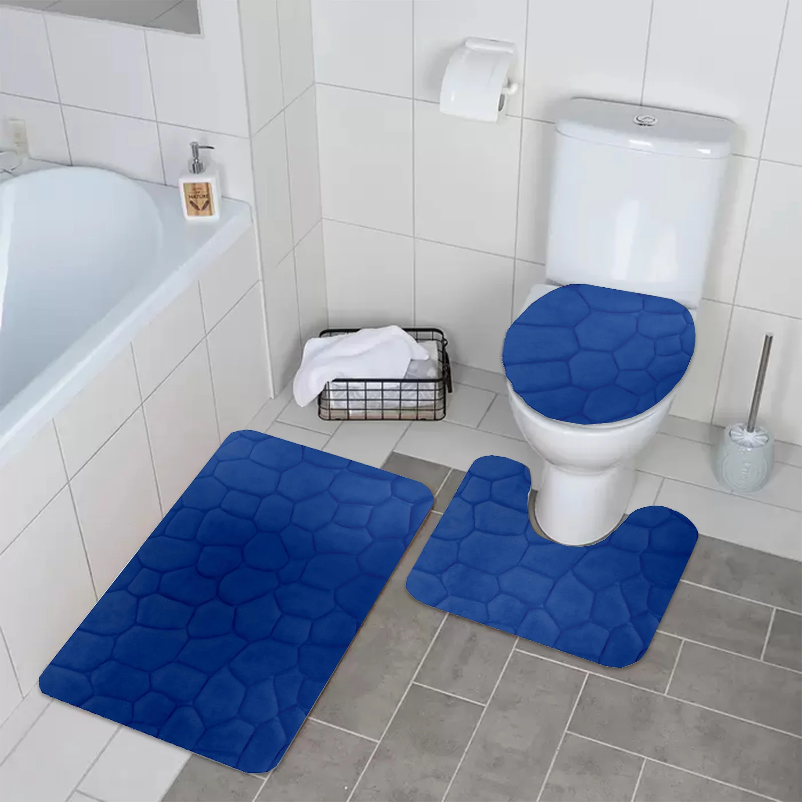 3 Piece Rock Memory Foam Bathroom Mat Set Flannel Embossed Rug Mat Toilet Lid Cover 19 Rug for Bathroom Floor Large toilet mat set
