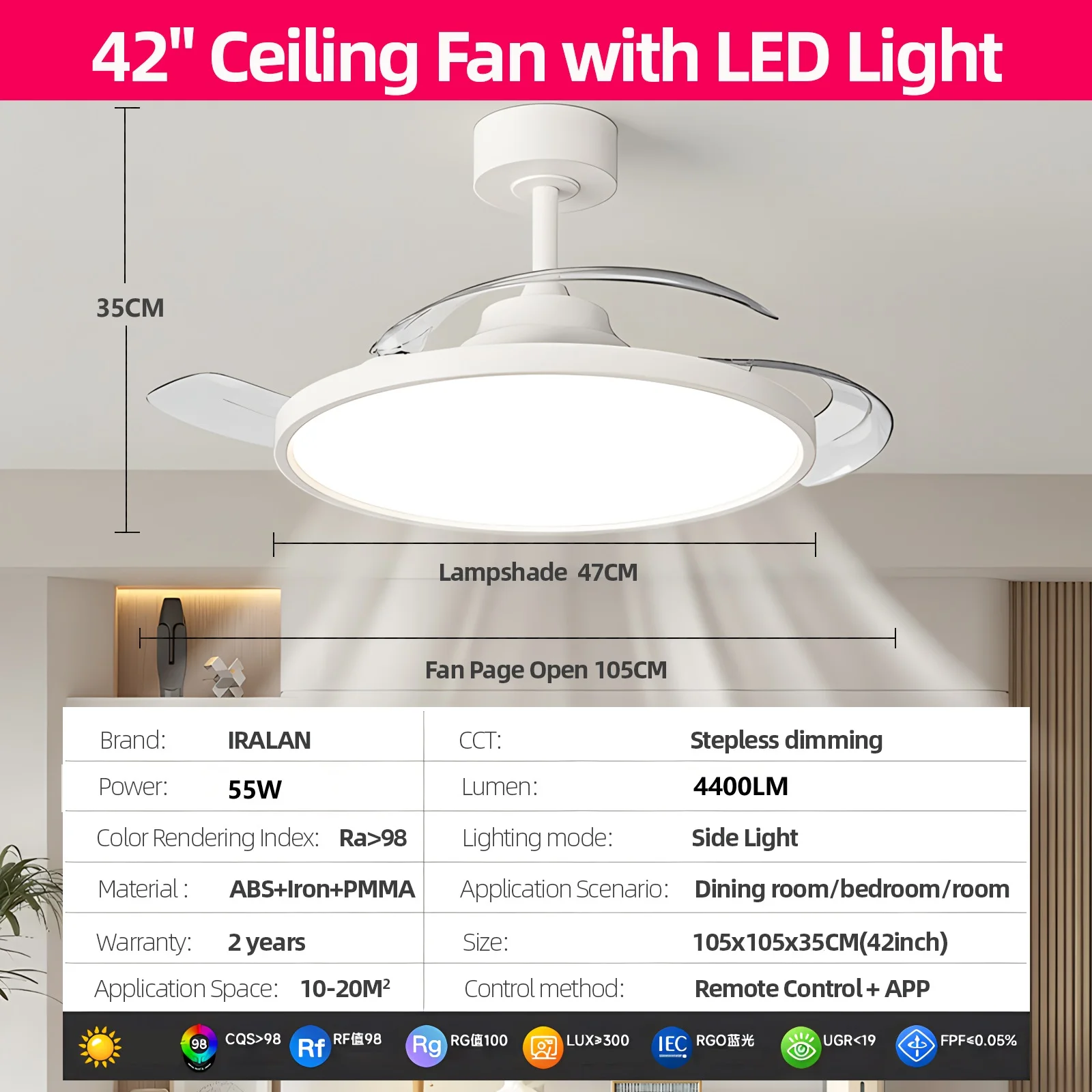 Retractable Ceiling Fan with Lights Remote Control Dimmable 42/48 Inch Modern invisible Ceiling Fan Bedroom Dinning Room 6 Speed