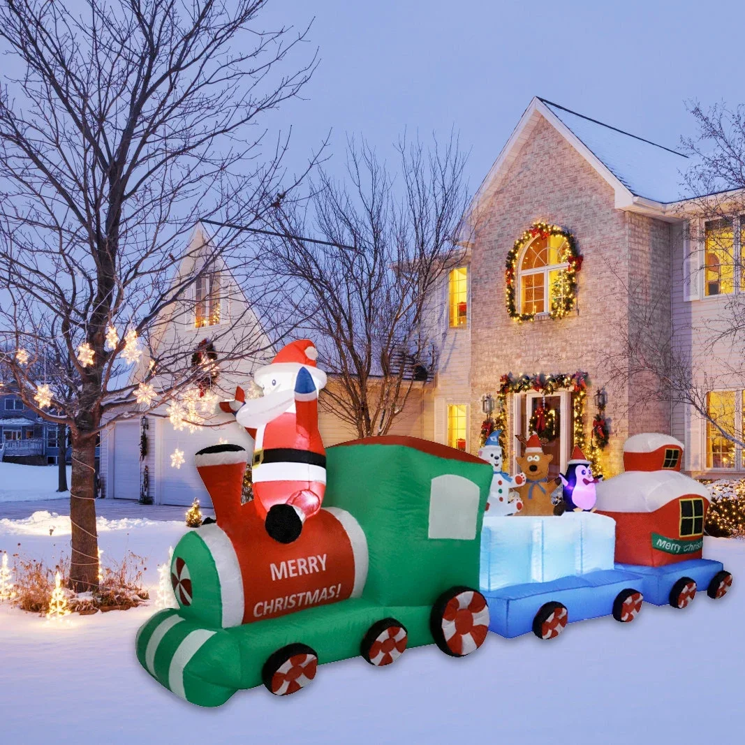 Christmas Inflatable Train with Colorful Lights Santa Claus Penguin Elk Outdoor Decoration for Holiday Lawn Garden Party Decor
