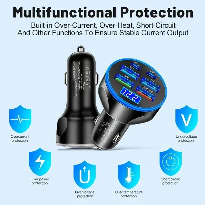 6 in 1 USB 차량용 충전기 QC3.1 고속 충전 4USB+2PD 포트 차량용 시거잭 플러그 차량용 충전기 디지털 디스플레이 포함 플래시 충전