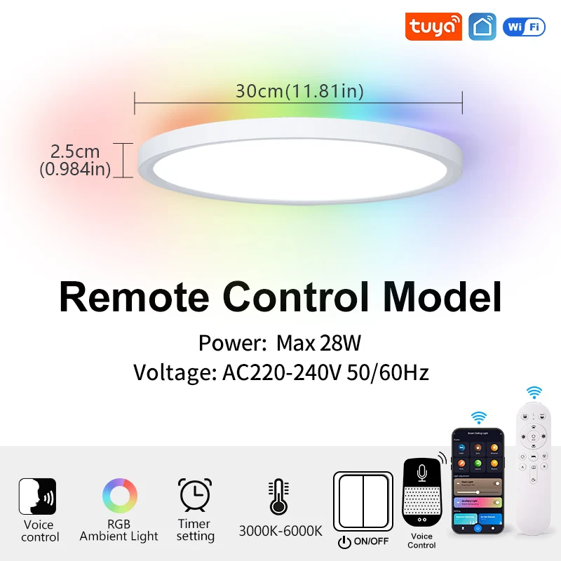 TUYA Smart Ceiling Light 0.98 Inch Ultra Thin 36W/28W RGB Dimming APP Remote Voice Control Alexa Google for Home Lighting Decor