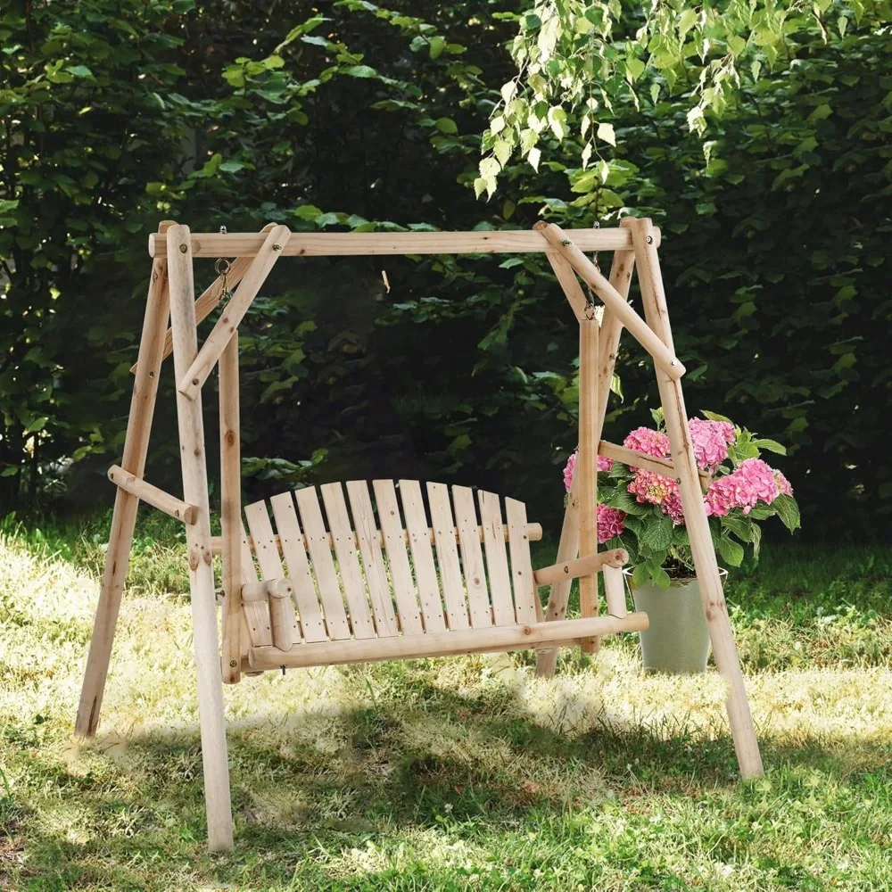 Swing Frame Combination Porch Swing with Stand Log Swing Stand 67 Inch Wooden Porch A-Frame Backyard Chair 6