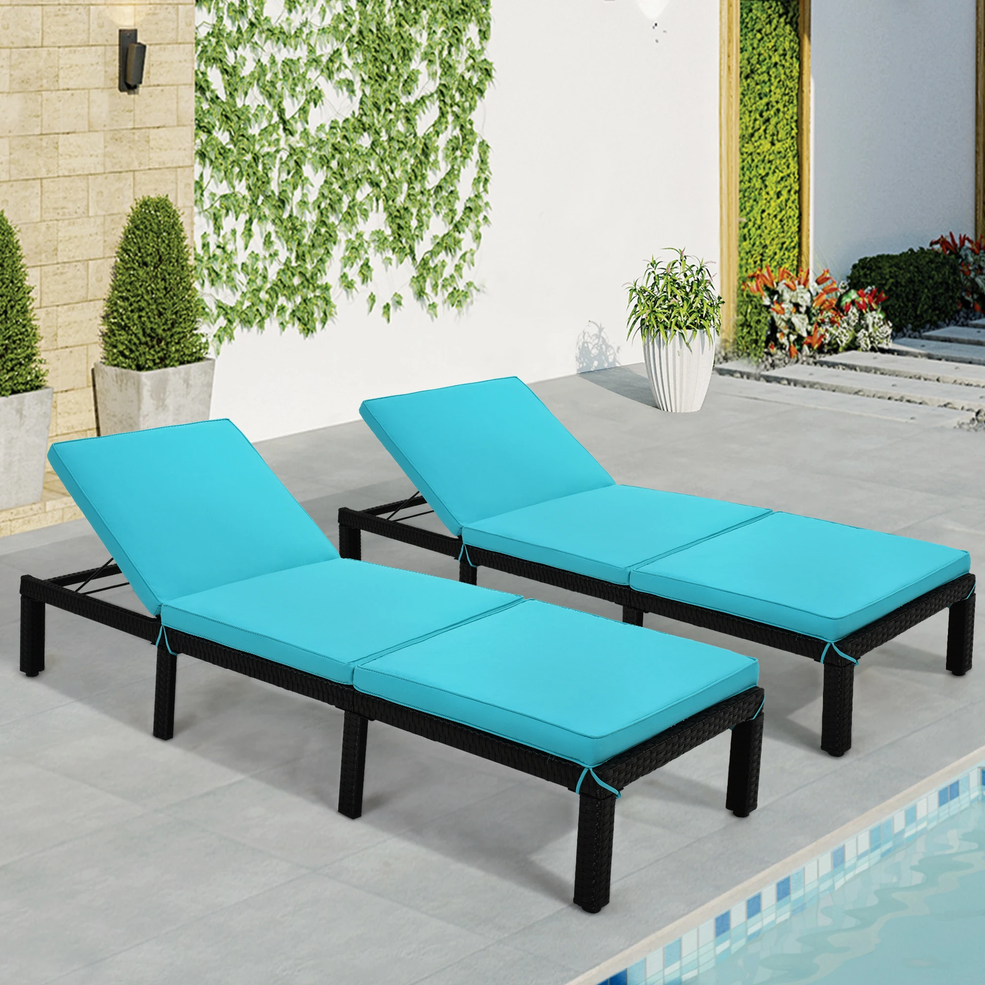 

Set of 2 Patio Furniture Outdoor Adjustable PE Rattan Wicker Chaise Lounge Chair Sunbed Blue/Beige Cushion[US-Stock]
