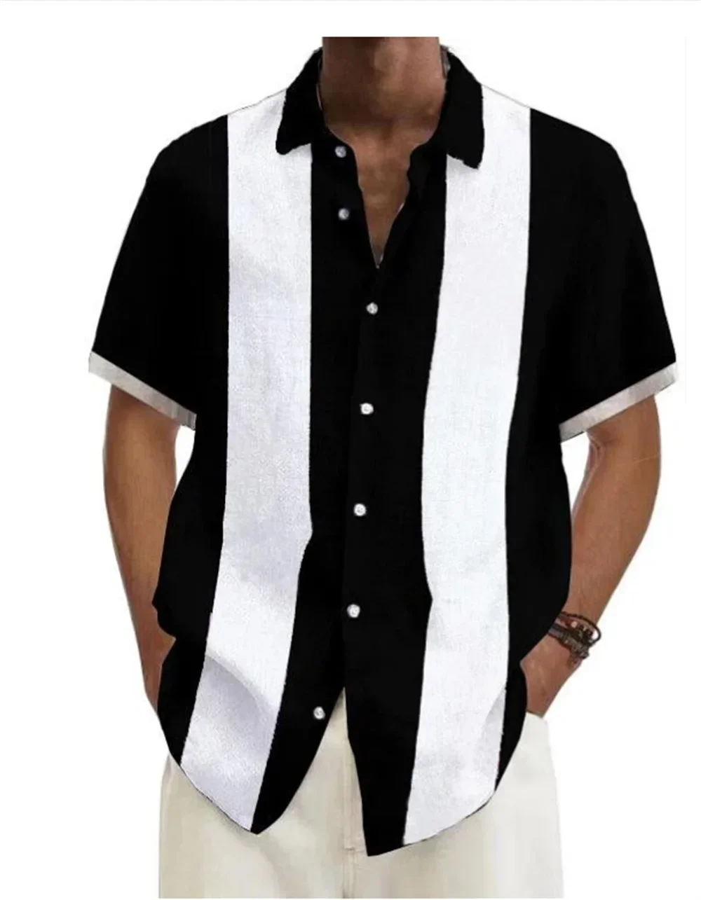 

New men's short sleeved cardigan single breasted shirt Summer casual solid color striped contrast lapel street men's top 2023