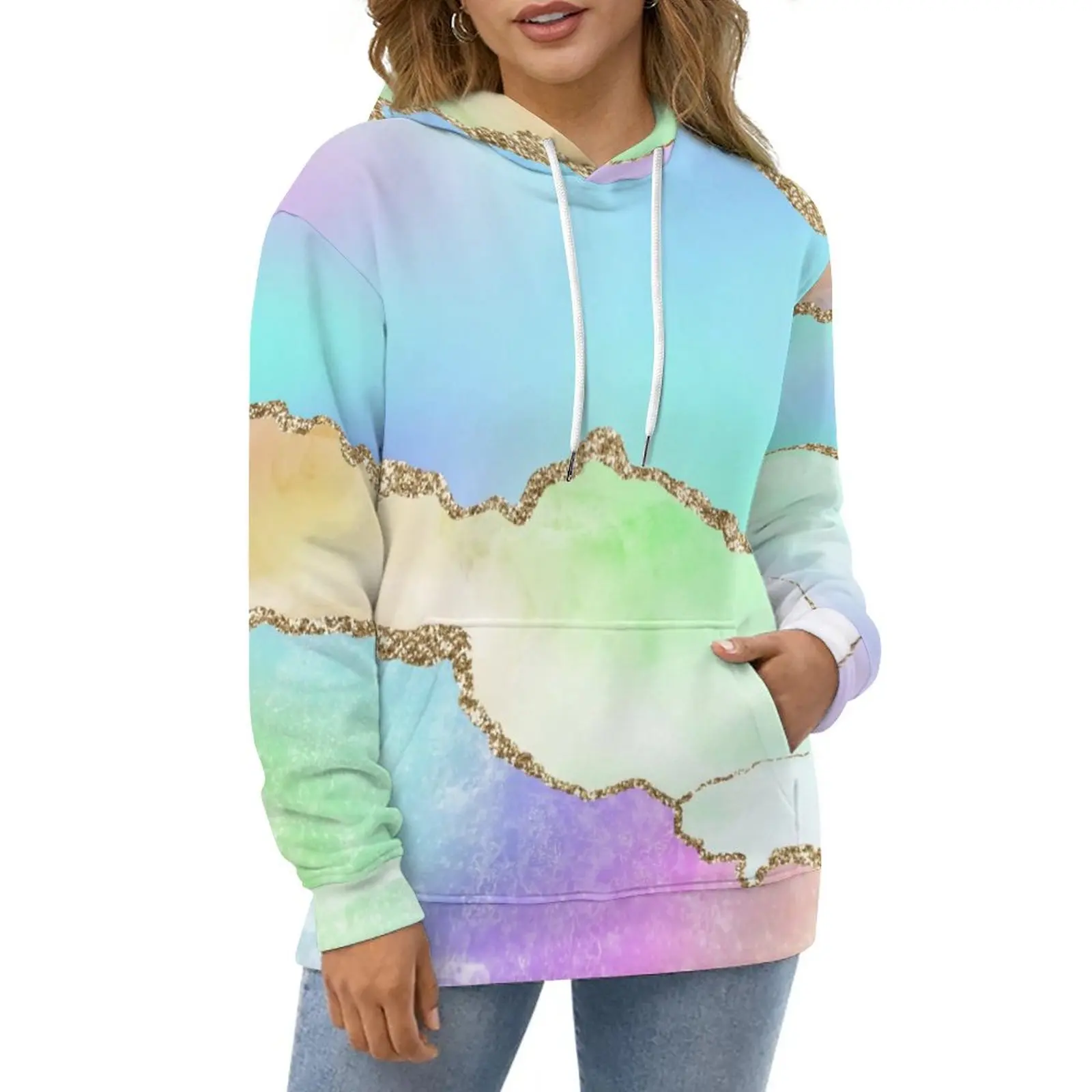 

Мраморные повседневные толстовки омбре с металлическим золотым принтом элегантный дизайн Свободная Толстовка с длинным рукавом в стиле хип-хоп толстовки большого размера с капюшоном