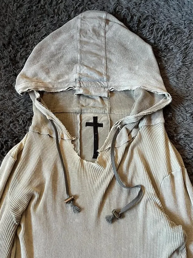 FANTASTION LGB Visual Style Unisex Tops Medieval Back Cross Stitching Vintage Gothic Hooded Sweatshirt Jacket