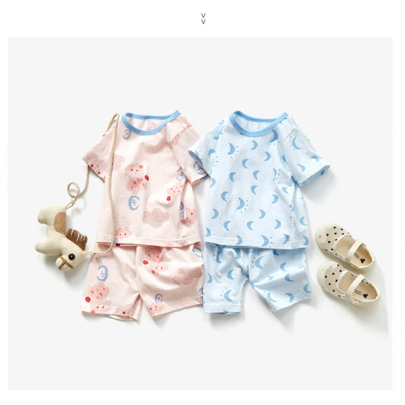 Children Pajamas Baby Boys Girls Cartoon Printed Sleep Set Summer Short Sleeve Cotton Pullover Sleepwear Toddler Nightwear