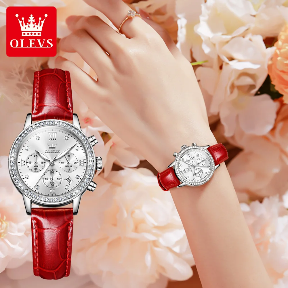 OLEVS Luxury Diamond Quartz Watch for Women Fashion Red Leather Strap Waterproof Chronograph Watches Ladies Relogio Feminino