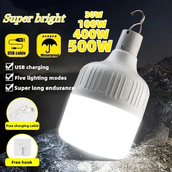 USB 충전식 LED 비상등, 야외 휴대용 랜턴, 비상 램프, 배터리 전구, 바베큐 캠핑 조명, 500W
