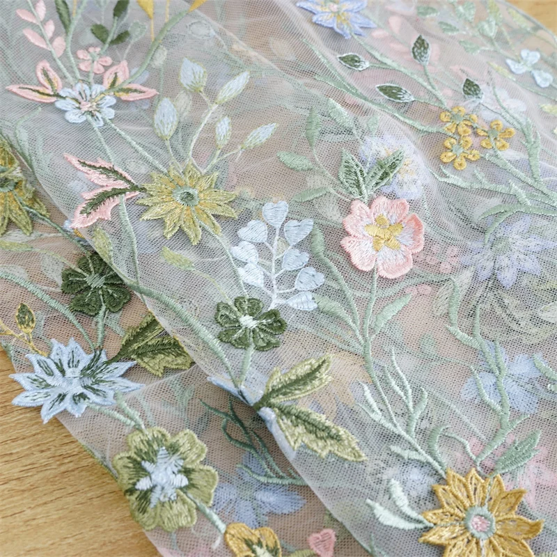

1 yard Embroidery Floral Colorful Bridal Lace Fabric 3D flowers Mesh Net Tulle Lace Fabric for Wedding Apparel Engagement