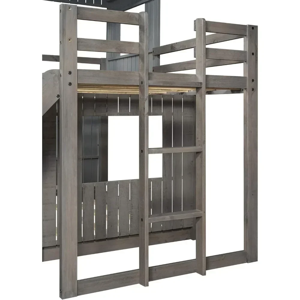 House Bunk Beds Twin Over Full Size, Wood Bunk Beds with Roof and Window Distressed Grey, Twin Over Full with Slide 4