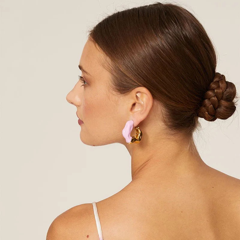 Gold Plated Brass Earrings Handmade Enamel Wavy Design 925 Silver Needle Hoop Earrings