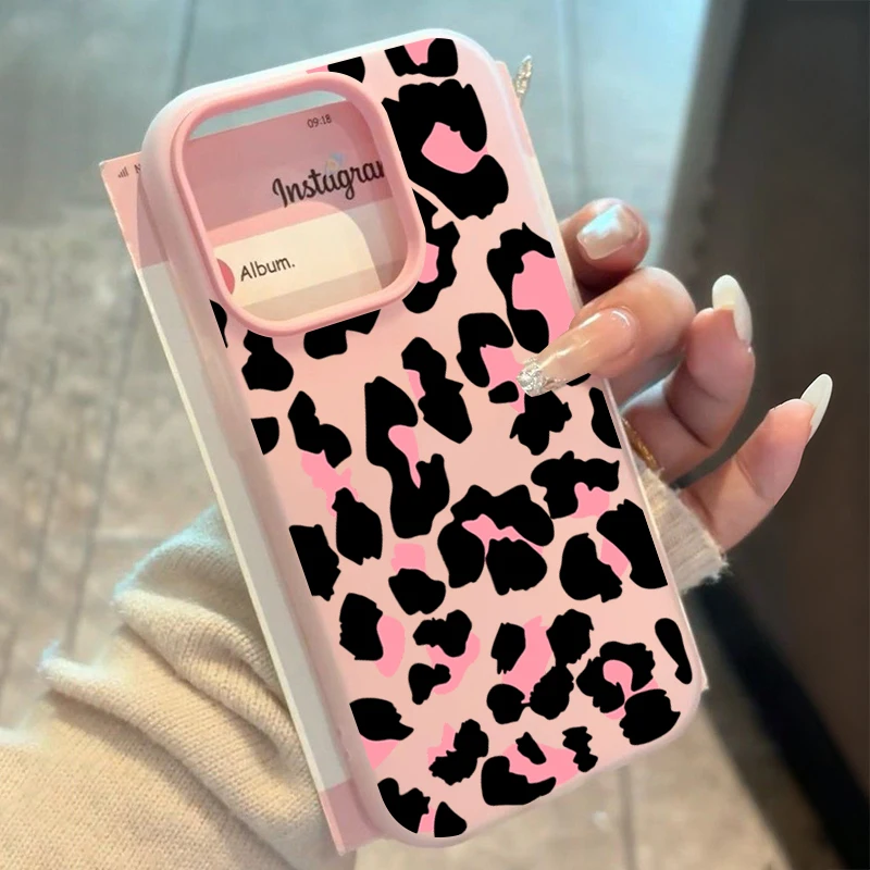Candy Color Pink Leopard Print Phone Case with 2-in-1 Cover Design