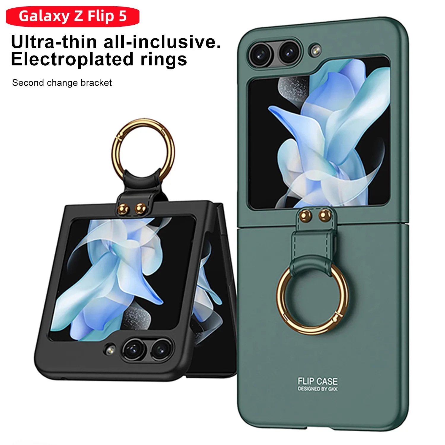 

Ring Stand Case For Samsung Galaxy Z Flip 5 5G Holder Back Cover for flip5 Slim Hard PC With Front Glass Film Shockproof Funda