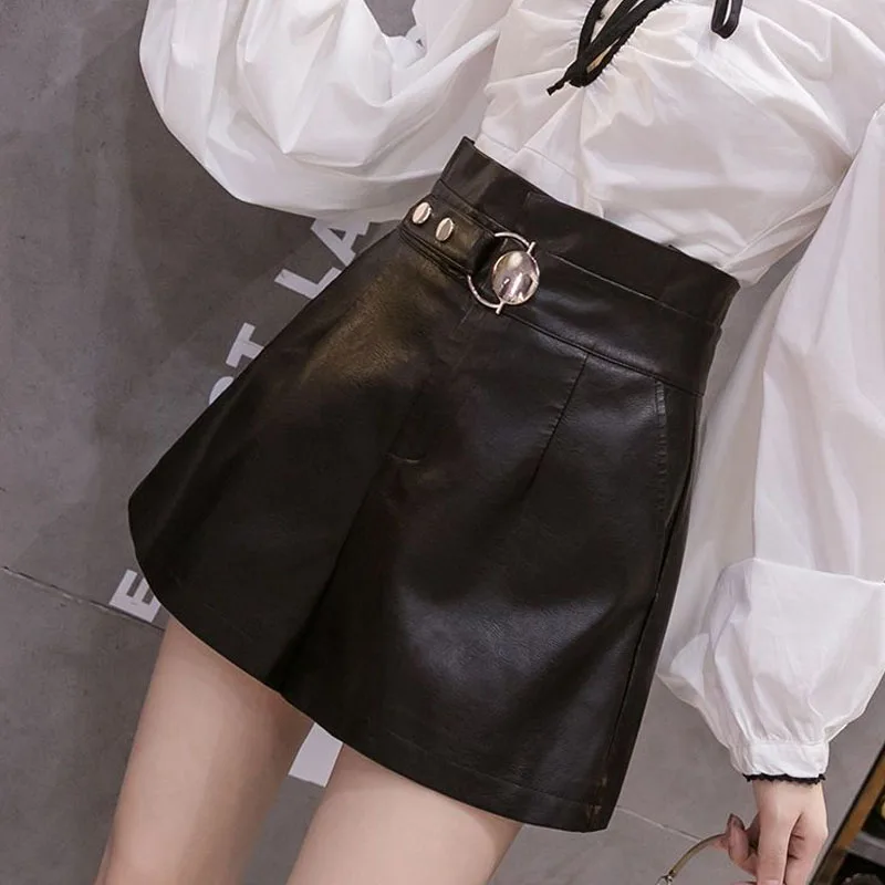 Women's Clothing Korean Simplicity High Waist Sashes Patchwork Shorts New Autumn Winter Loose Fashion Solid Color Leather Pants