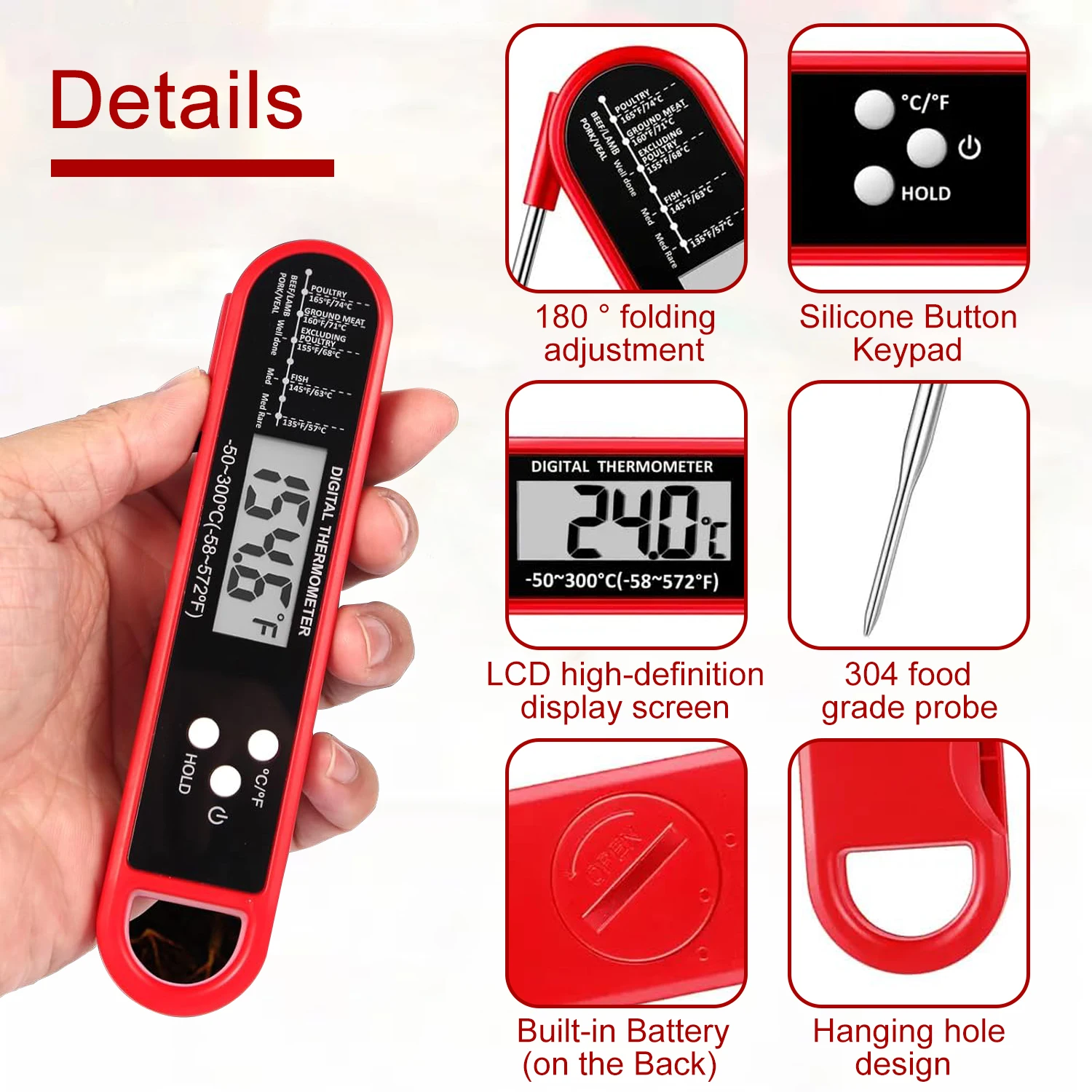 Precision Instant Read Digital Meat Thermometer - Red & Black Kitchen Gadget