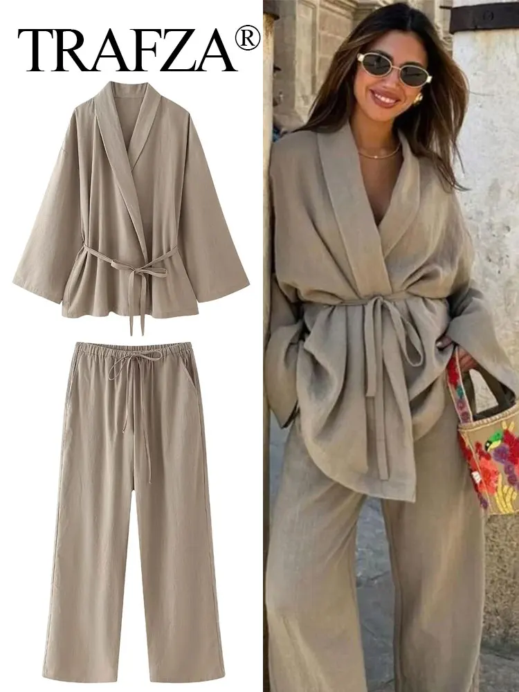 TRAFZA Women Loose Wide Leg Pant Set Fashion Lapel V Neck Long Sleeve Thin Blazer Coat With Belt 2024 Summer Ladies Solid Suit