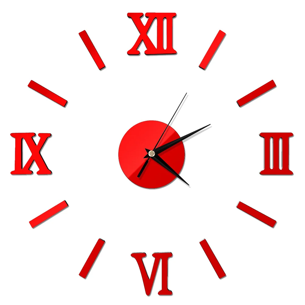 3D DIY Wall Clock Modern Frameless Large Mirror Surface Effect Wall Clock for Home Living Room Bedroom Decoration (Red)