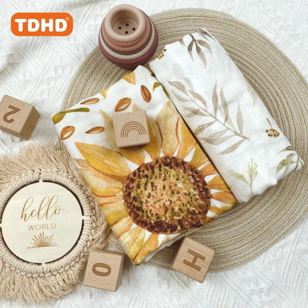 TDHD 120x110cm Bamboo Cotton Baby Muslin Swaddle Blanket Cute Soft Print Baby Towel Wrap