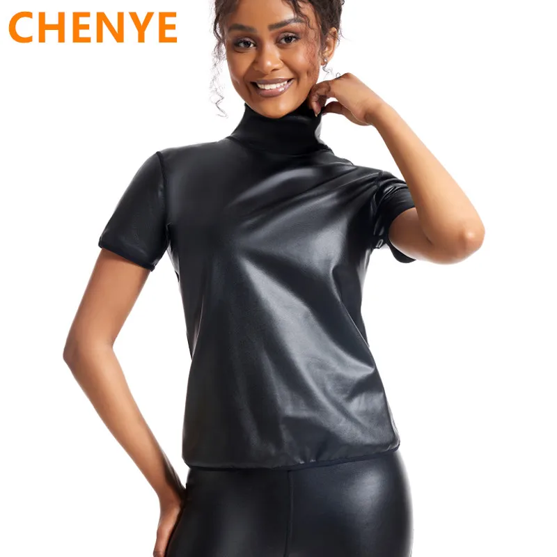 

Women Waist Trainer Slim Tshirt Fashion Slim Shapewear Tops Body Shaper High-neck Faux Leather Short Sleeve Fitted Tee Shirt Top