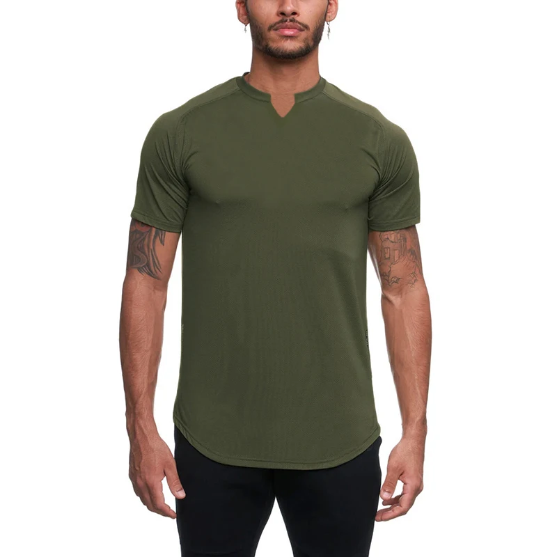 

Mens V-neck Slim Fit Fitness T shirt Solid Gym Clothing Bodybuilding Tight T-shirt Quick Dry Sportswear Training Tee shirt
