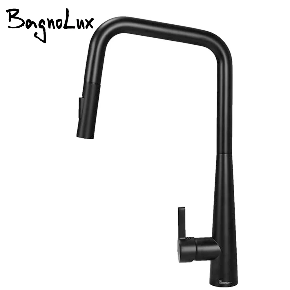 Bagnolux Black Brass Deck Mounted Kitchen Faucet Two Function Single Handle Pull Out Mixer Hot and Cold Water Pull Out Taps