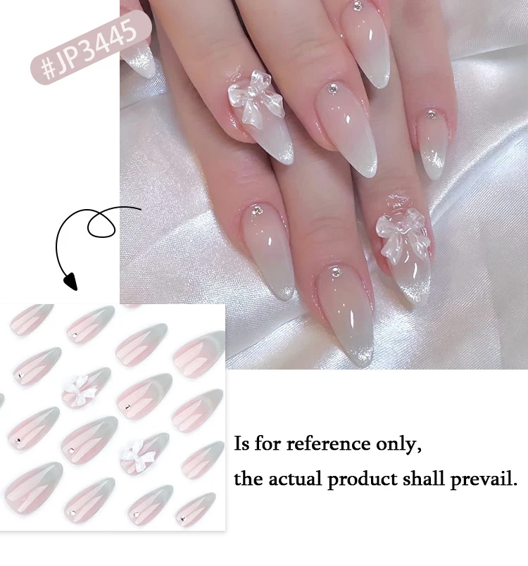 Description Picture 3 of itemWhite Bowknot Rhinestone Nail Art French Cat Eye False Nails Fashion Detachable Finished Fake Nails Press on Nails with Glue
