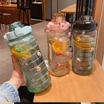 2L Sports Straw Water Bottle with Stickers Portable Large Capacity Fitness Bike Cup Summer Ice Cold Water Jug with Time Marker 1