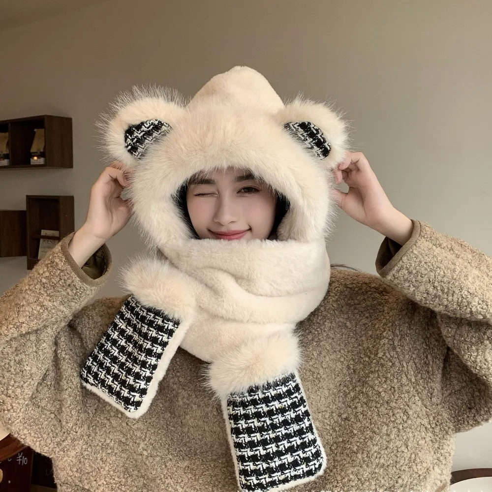 3 In 1 Furry Animal Hood Hat Scarf Mittens Warm Plush Hoodie Cap With Earflaps Full Pockets Winter Faux Fur Cartoon Beanie Hat Earmuffs For Men Women Brown, Brown, One Size
