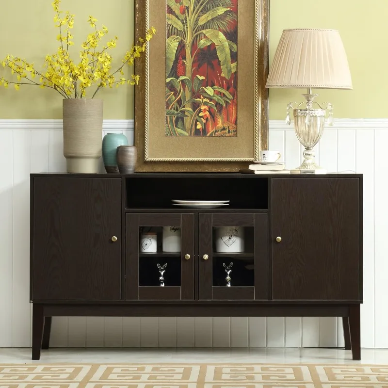 

60" Modern Solid Wood Sideboard Buffet Table Storage Cabinet Tall Console Table with 4 Doors, Espresso