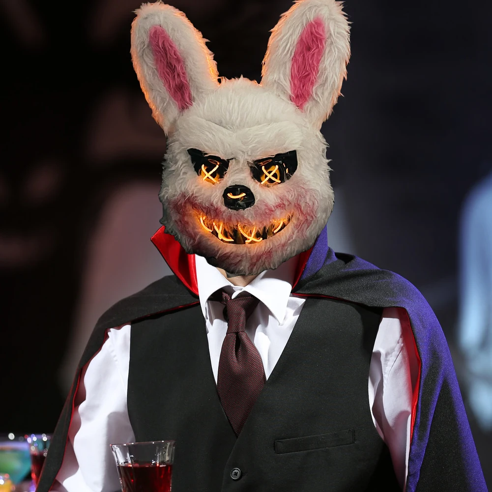 Bloody Plush Animal Head Mask Halloween LED Bloody Plush Bunny Mask with LED Lights Scream Mask Cosplay Costume Party Decoration