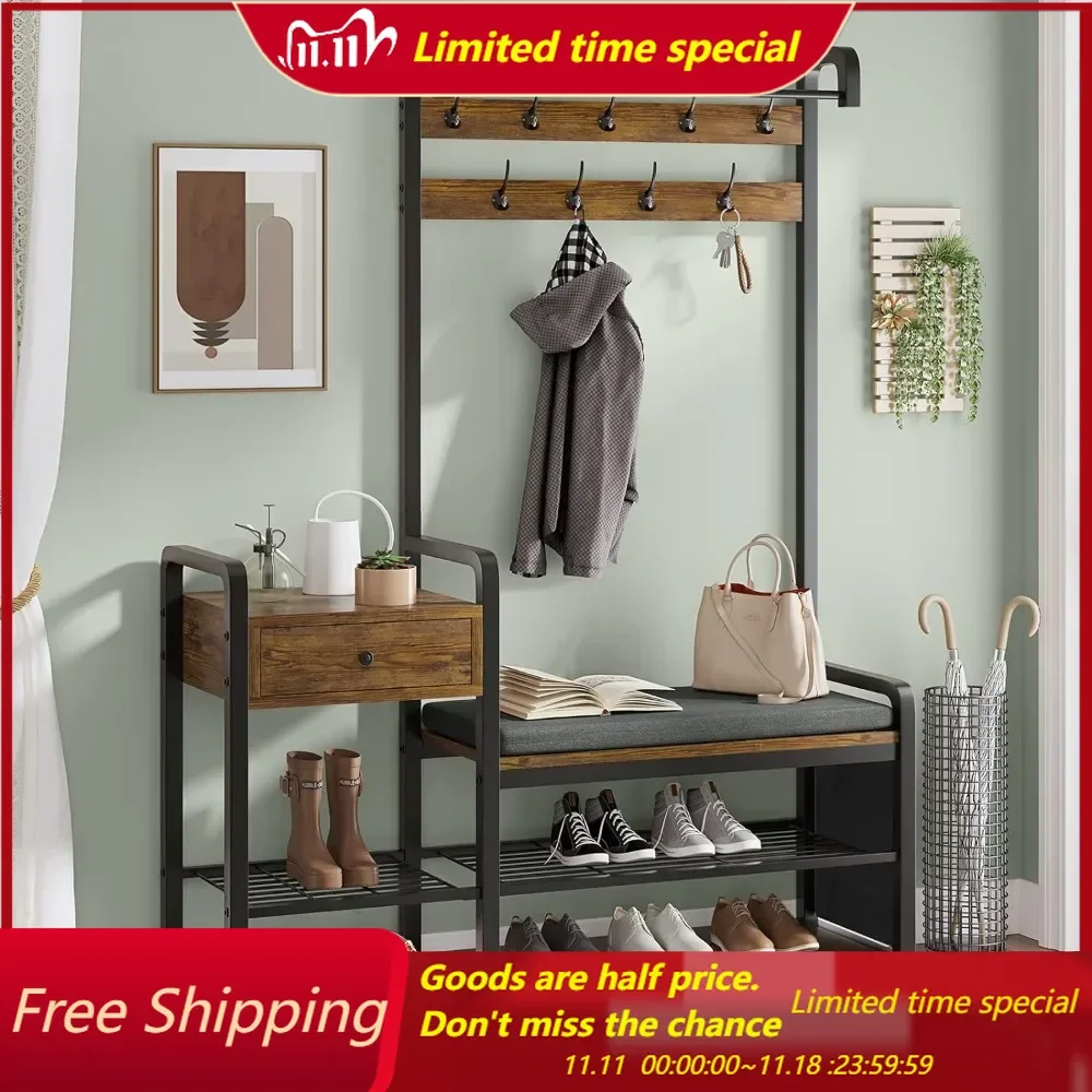 Hall Tree, Entryway Bench, Coat Rack Shoe Bench, Shoe Storage and Storage Drawer, Soft Cushion and Hanging Rod for Living