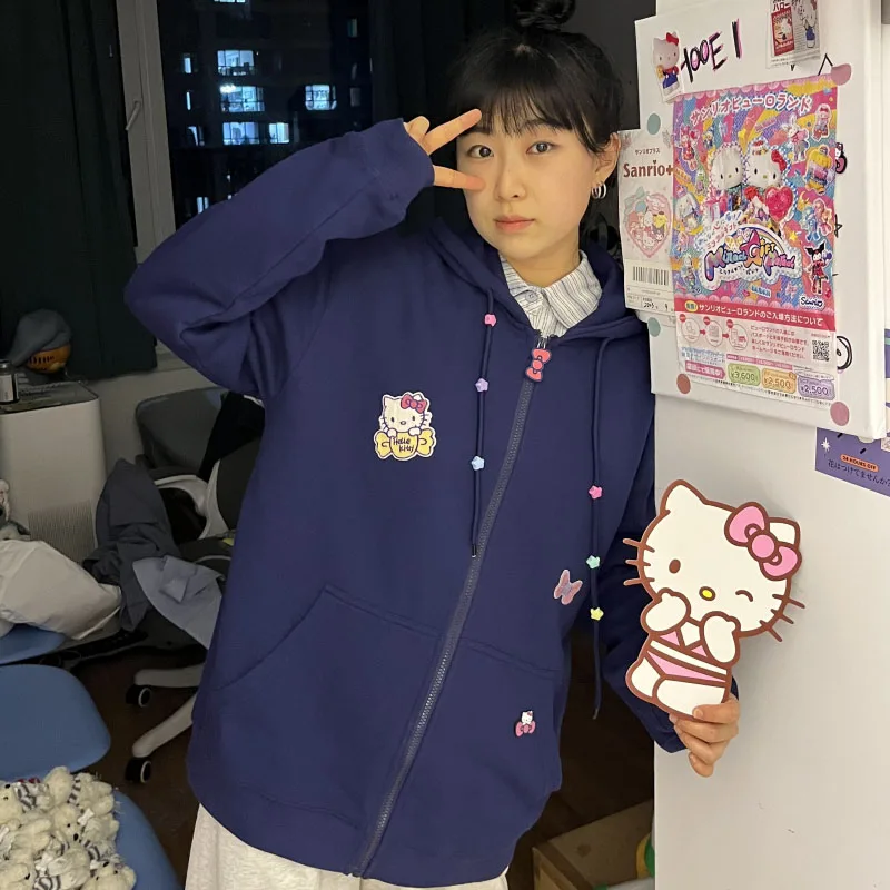 

Осеннее пальто с героями мультфильмов Sanrio Hellokittyed, милый Модный укороченный топ темно-синего цвета на молнии с капюшоном для девочек и студенток, куртка для пар