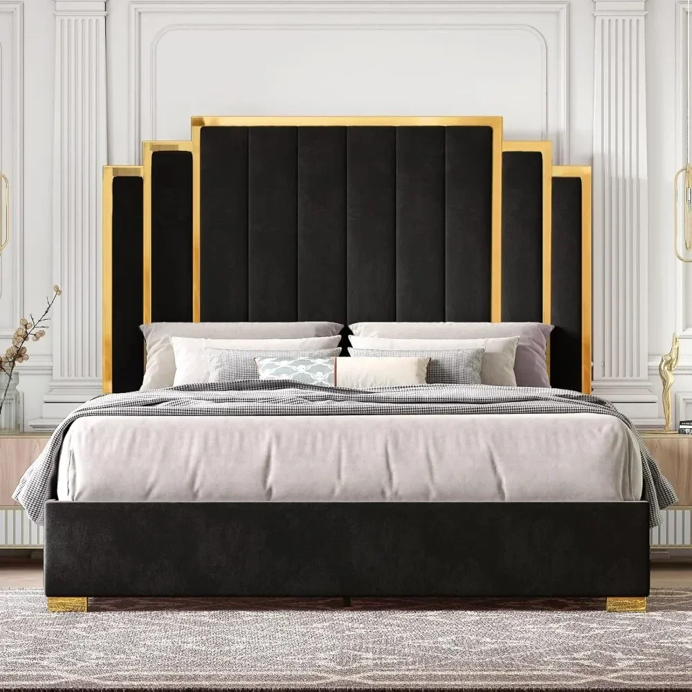 

Queen Size Bed Frame and 61" Headboard, Upholstered with Golden Plating Trim, Platform Beds No Box Spring Needed, Bed Frame