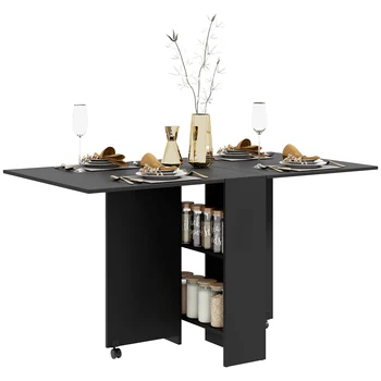 HOMCOM tavolo da pranzo pieghevole con 2 ruote e 2 ripiani 75x140x74 cm nero 1