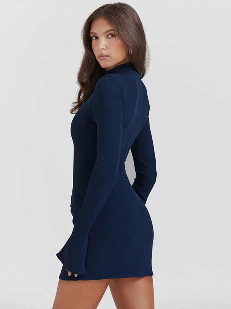 Dark Blue Two Pocket Sexy Mini Dress For Women 2025 Autumn Winter New Long Sleeve Bodycon Club Party Dress Elegant